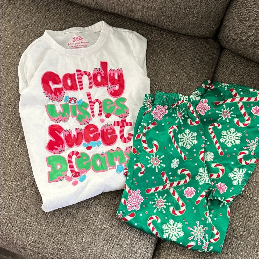 Justice Girls Holiday Green Red Candy Cane Silky pajama Pants and Top Size 6 / 7